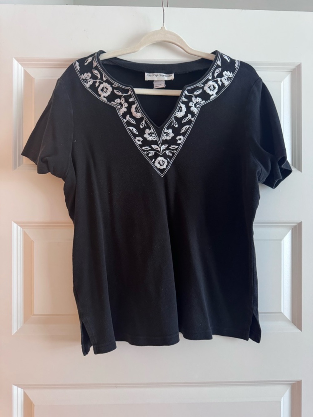 Cathy Daniels Black Short-Sleeve V-Neck Top with White Floral Embroidery